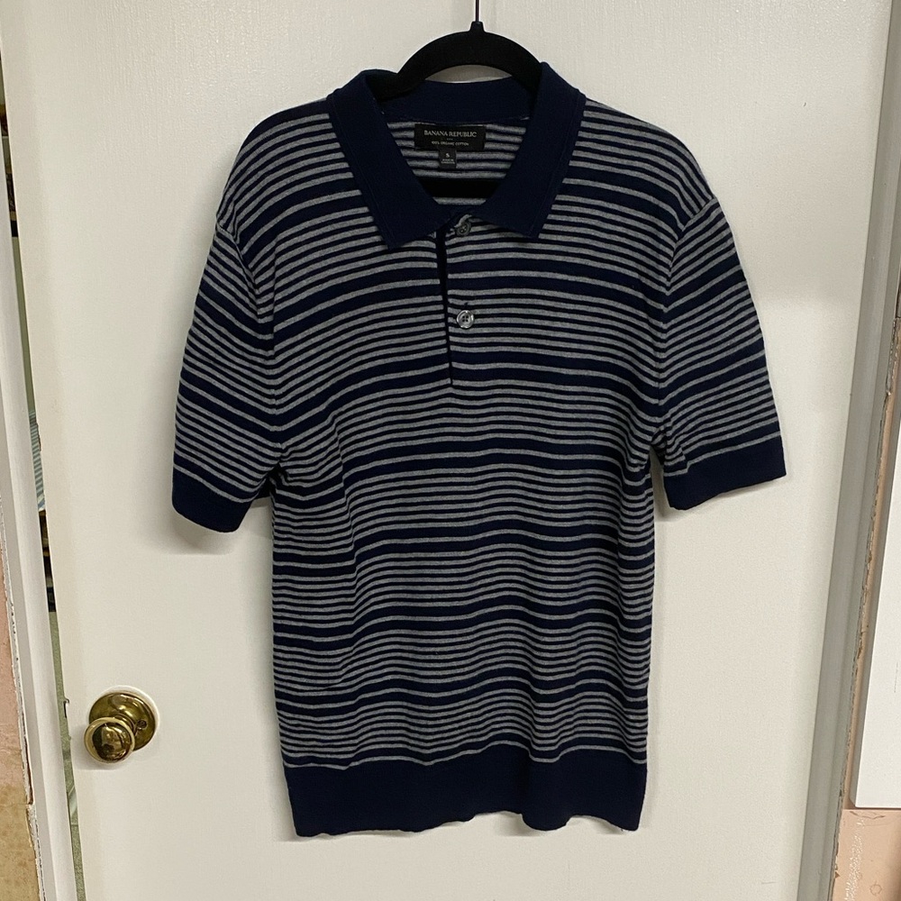 Banana Republic Factory Navy and Gray Striped Polo Shirt